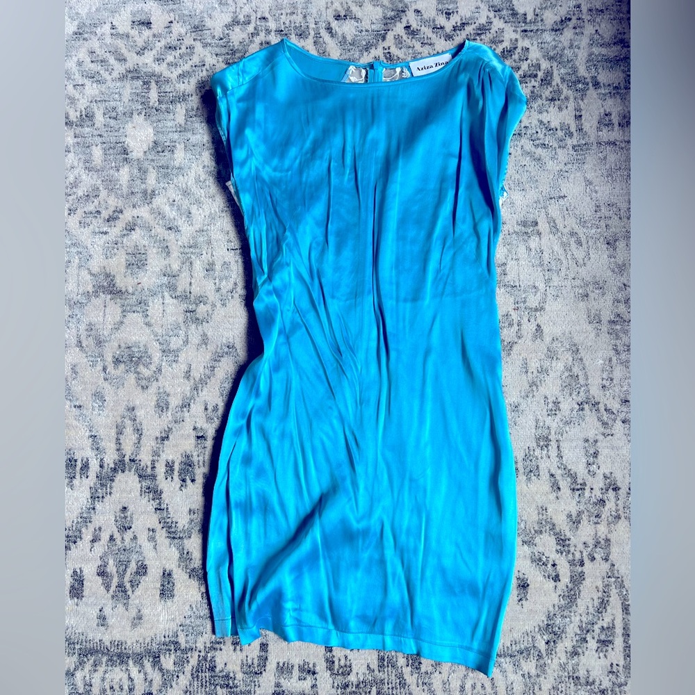 Silk aqua mini dress with floral lace detail in back